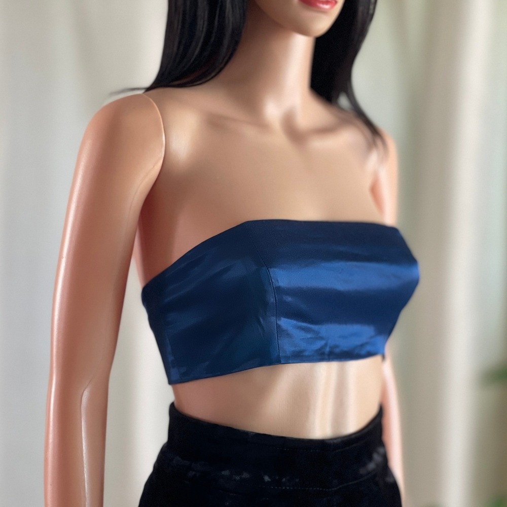 NWT STAUD Navy Blue Satin Strapless Tube Top Cropped Minimalist McBling Size 0